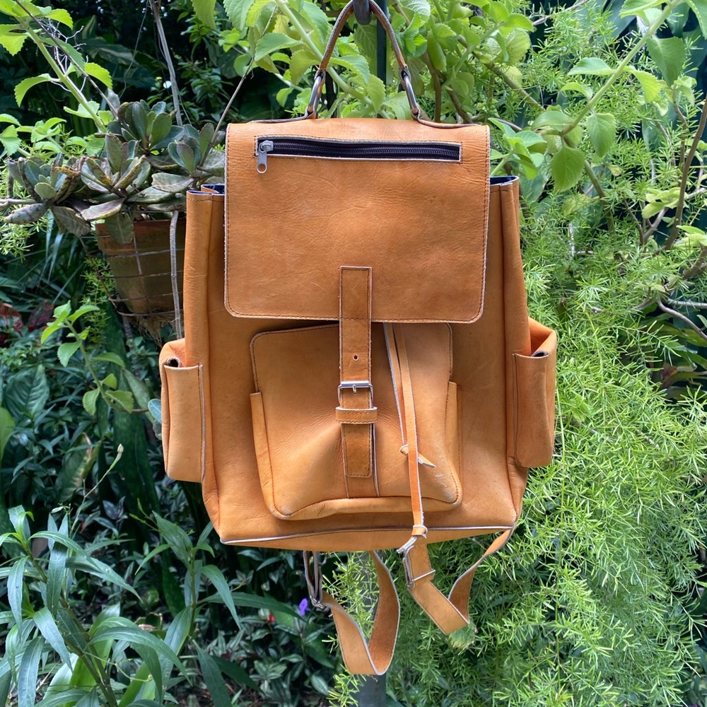 Leather backpack Natural vintage Pocket drawstring pockets school college purse